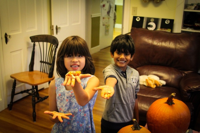 Rishab & Sofia helping to clean the pumpkins